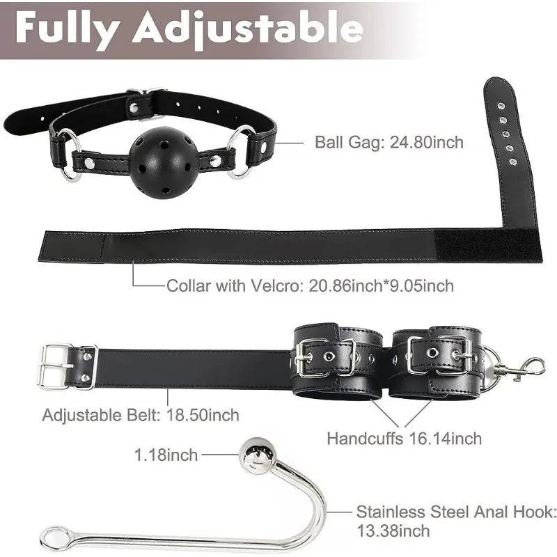 BDSM Guide of Adult Sex Products Backhand Mouth Plug Upper and Lower Handcuffs with Hooks Metal Anal Plug Leather Binding Toys
