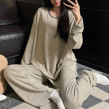 Grey Knitted Fleece Lined Long Sleeve Sleepwear Set for Men Autumn Winter Warm Home Clothes Set Large Size Comfortable Leisure