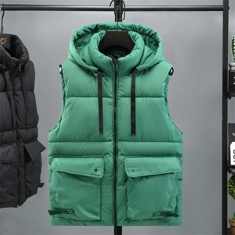 Men's Hooded Vest Winter Zipper Warm Stand Collar Waistcoat Men Cotton Padded Sleeveless Jackets with Big Pockets 2025