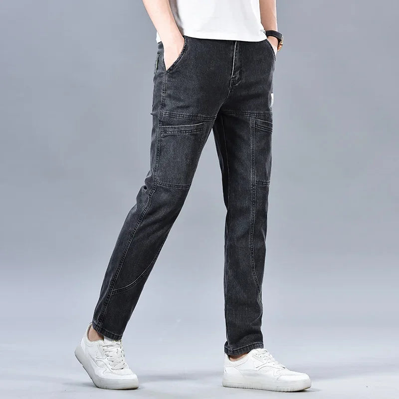 Design Jeans Men's Autumn New Multi-Pocket Fashion Stretch Straight Cotton Casual Denim Trousers Brand Clothing Male Blue Black