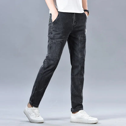 Design Jeans Men's Autumn New Multi-Pocket Fashion Stretch Straight Cotton Casual Denim Trousers Brand Clothing Male Blue Black