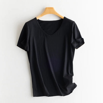Summer Short Sleeve T-Shirt Women Tee Shirts Real Silk Linen Cotton T Shirt Women's Casual Tees V-neck Woman Tshirt Solid Tops