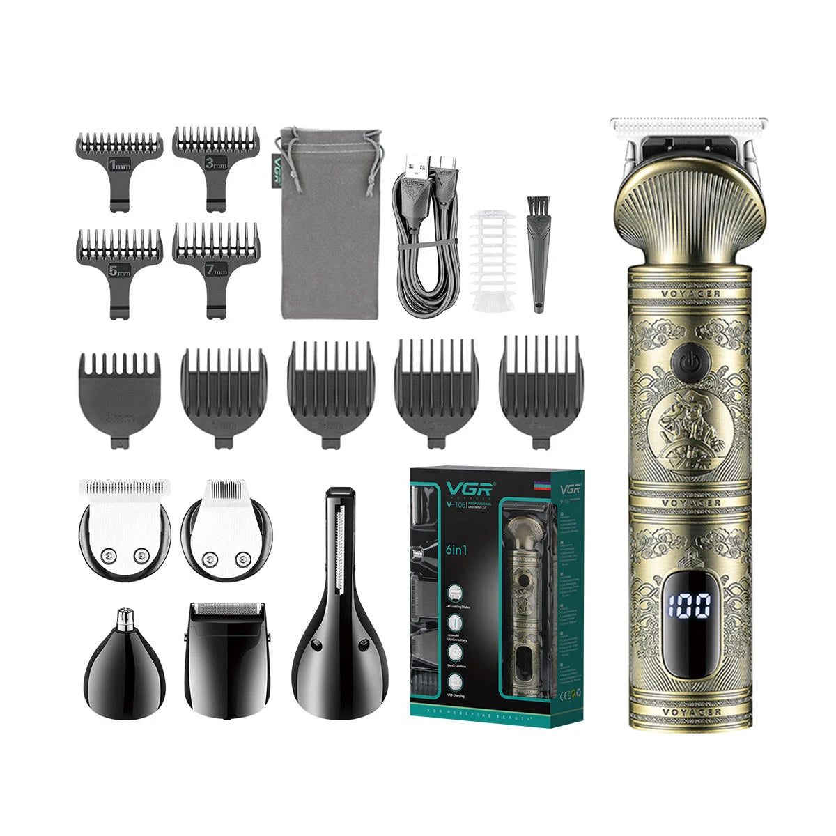VGR professional high-end hair trimmer set, retro metal electric push shear, home LED intelligent digital hair clipper, shaver