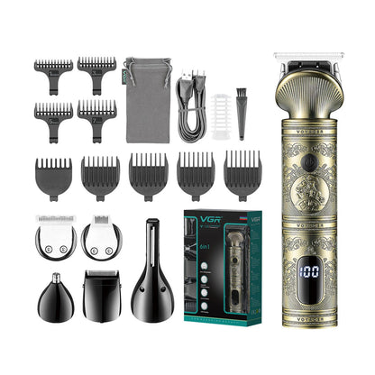 VGR professional high-end hair trimmer set, retro metal electric push shear, home LED intelligent digital hair clipper, shaver