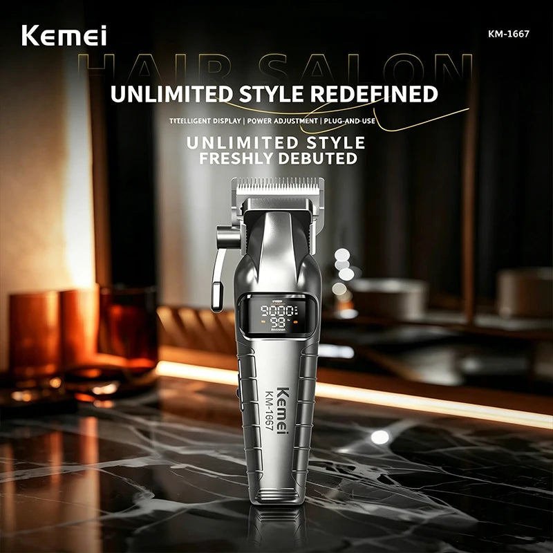 Kemei KM-1667 Trimmer Professional 10W 9000RPM Motor Rechargeable Hair Clippers DLC blades LED Display Trimmer Man