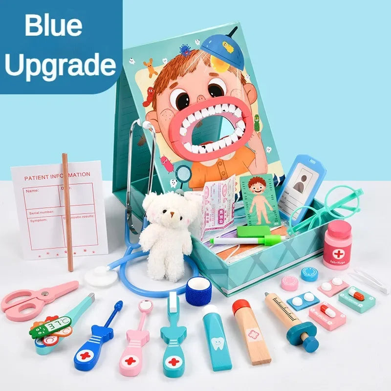 Wooden Pretend Play Dentist Educational Toys for Children Simulation Doctor Check Brush Teeth Medicine Set Role Playing Games