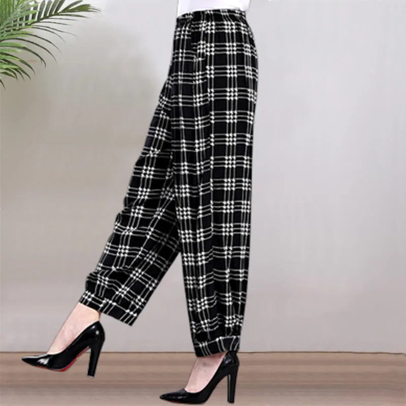 High Waist Lantern Pants Casual Cotton Silk Large Size Printed Long Trousers for Middle-Aged And Elderly Women