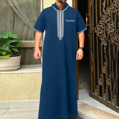 2025Moroccan Men's Thobe Short-Sleeved Embroidered Hood MuslimIslamicLooseJelleba Abaya - New Edition