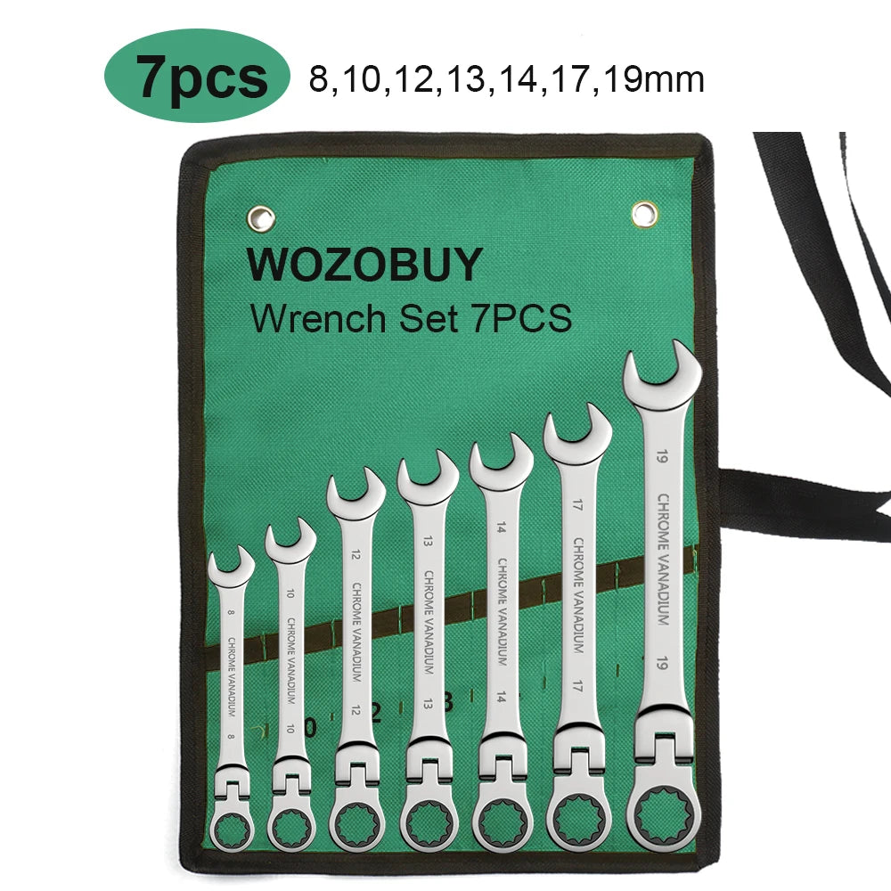 Ratchet Spanner Wrench Set Gear Ring Ratcheting Combination Wrench Kit Metric Flexible Head with Canvas Bag  Metric Flex Head
