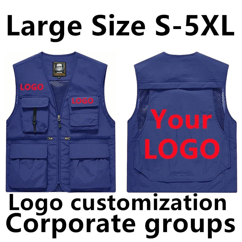DIY Logo Custom Work Vest Multi Pocket Sleeveless Jacket Camping Big Size Men's Clothes  Plus Outerwear MAN Workwear LeisureY
