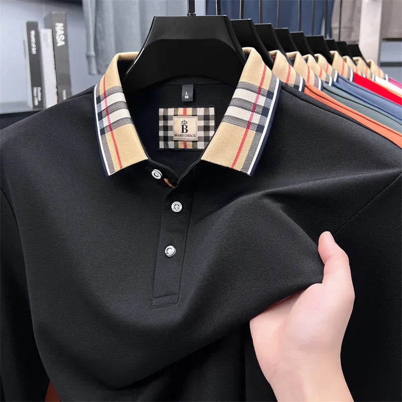 Fashion silk cotton long sleeve polo shirt men's autumn luxury brand simple comfortable new business and leisure lapel T-shirt