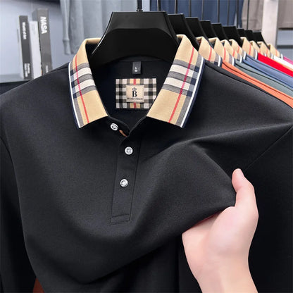 Fashion silk cotton long sleeve polo shirt men's autumn luxury brand simple comfortable new business and leisure lapel T-shirt