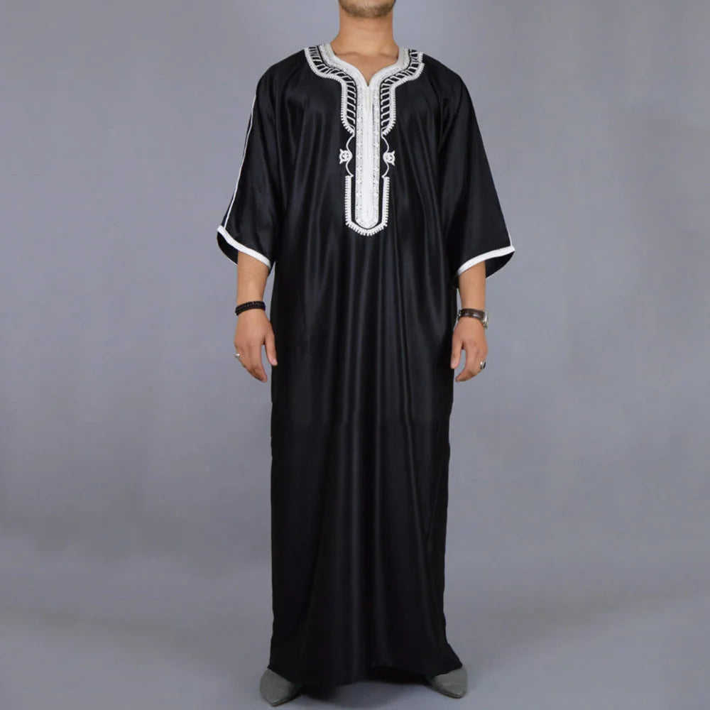 Ethnic Clothing Outfit Mens Plain Black Muslim Embroidered Robe Long Shirt Casual Youth Traditional Daily Fashion