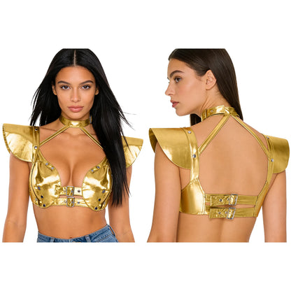 Womens Gothic Shiny Metallic Cut Out Crop Top Holographic Halter Neck Plunging Adjustable Buckles Corset Bustier Shoulder Armor