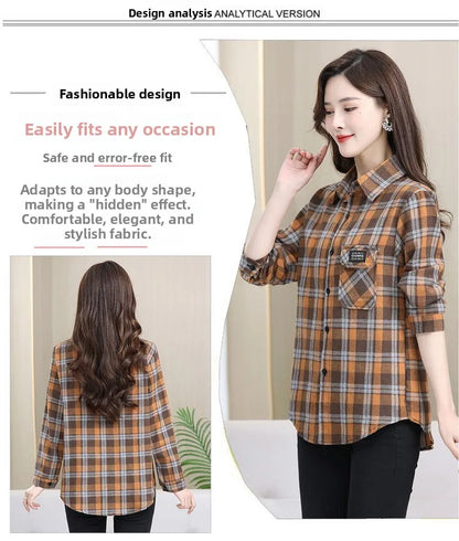 Loose Long Sleeve Mom Shirt Women's New Style Slimming Age-Defying Outerwear Versatile Early Autumn Plaid Outfit  Collar