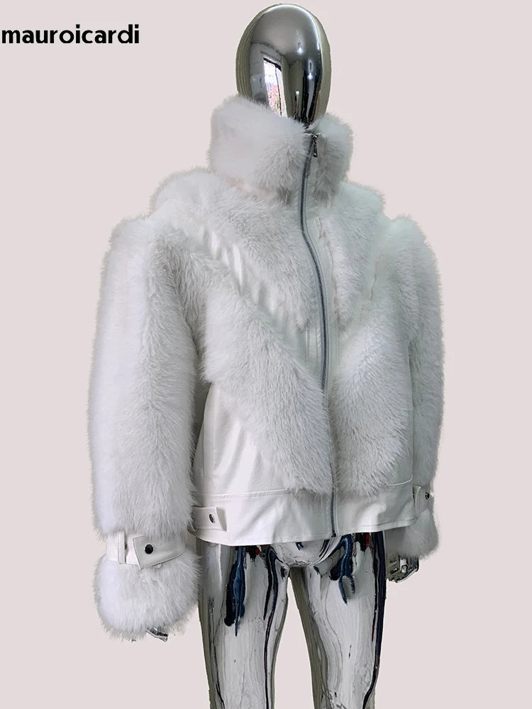 Mauroicardi Autumn Winter Short Thick Warm White Pu Leather Patchwork Faux Fur Coat Men Stand Collar Zip Up Fluffy Jacket 2025