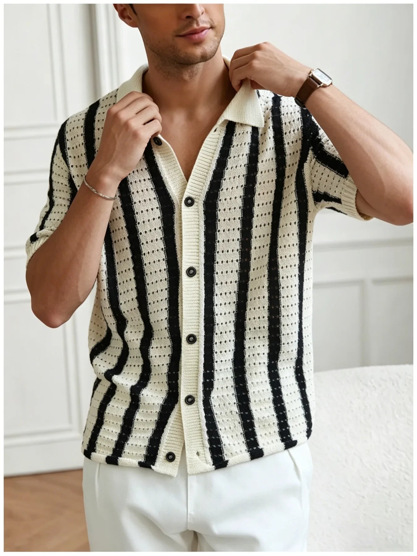 Men's Striped Knit Polo Shirt Short Sleeve Button Down Cardigan V-Neck Hollow Out Retro Casual Top Summer Old Money Style