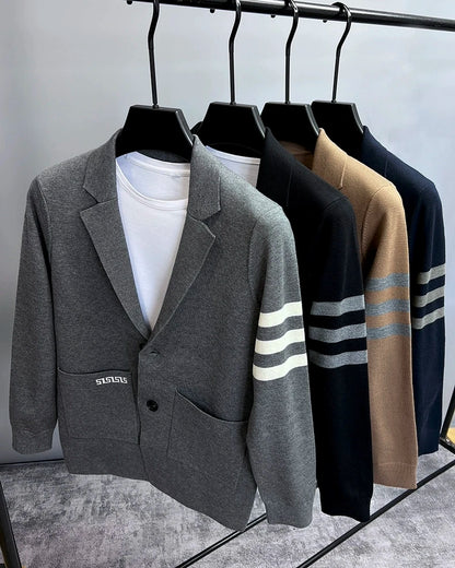 High end brand men's knitted sweater cardigan popular autumn winter fashionable striped design Korean custom casual warm coat