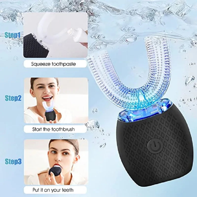 U-Shaped Sonic Electric Toothbrush - 360-Degree Automatic Silicone Brush with Cold Blue Light Teeth Whitening