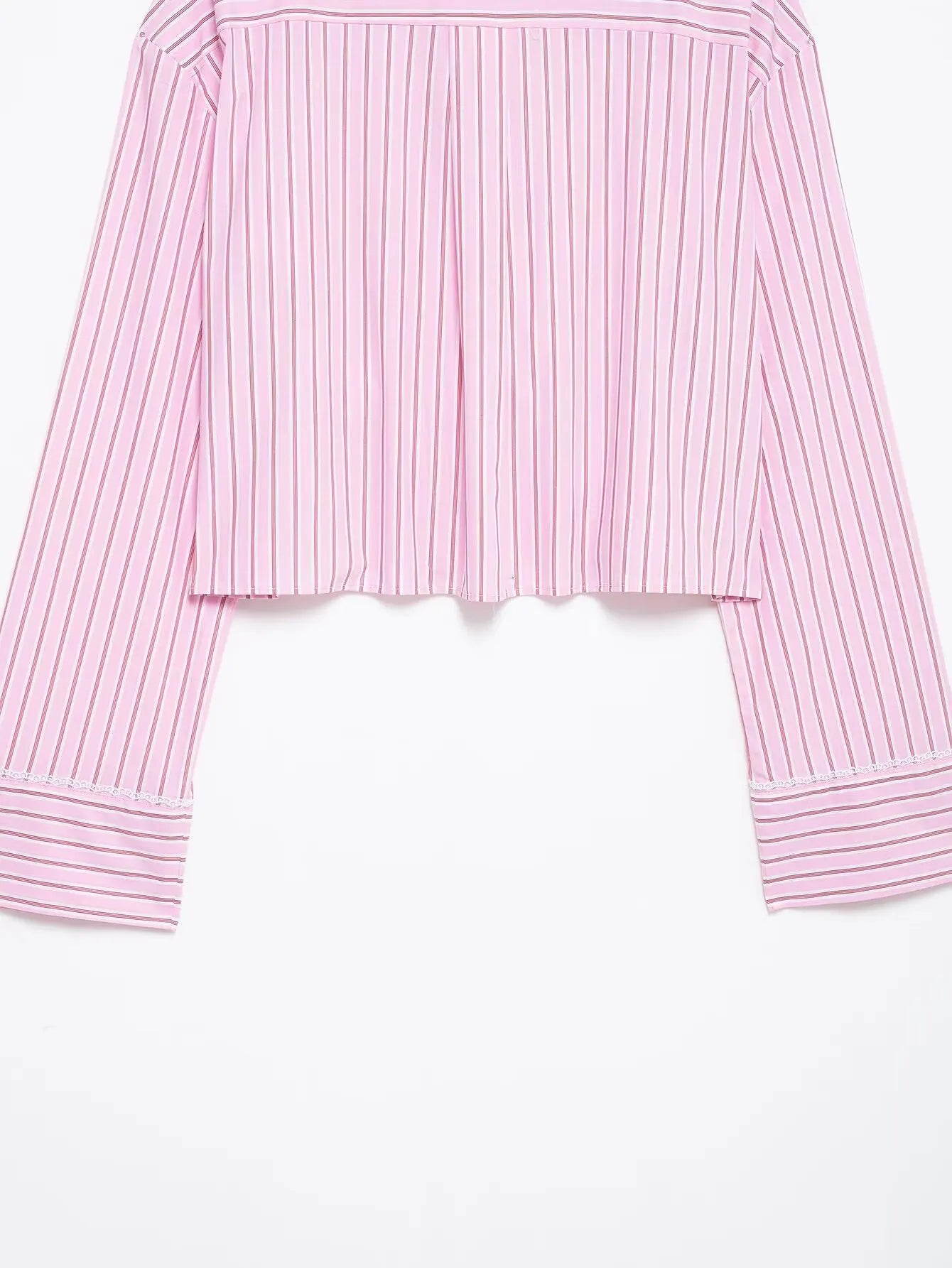 HH Women Striped Pants Suit Lapel Pocket Single-breasted Blouse+Side Zipper Lace Short Top+High Waist With Belt Poplin Pant