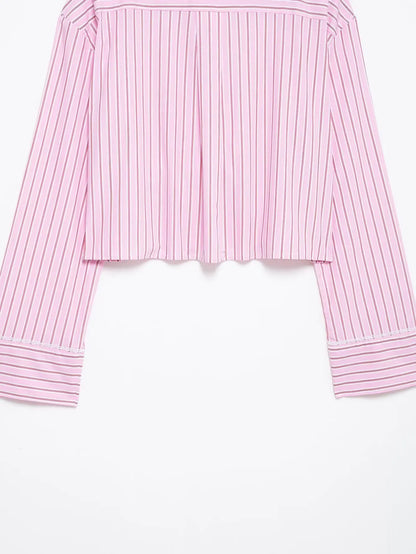 HH Women Striped Pants Suit Lapel Pocket Single-breasted Blouse+Side Zipper Lace Short Top+High Waist With Belt Poplin Pant