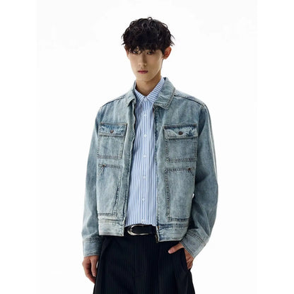 American Retro Trendy Washed Slub Multi - Pocket Denim Jacket Spring and Autumn Men's Windproof Motorcycle Jacket