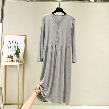 Early Autumn 2024 Women's V-Neck Long Sleeve Dress Loose Button-Up Modal Dress for Home Wear Midi Skirt A-Line Silhouette