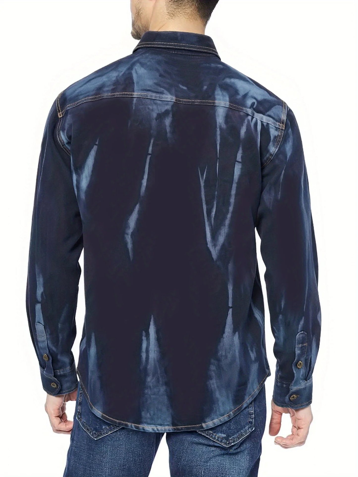 Men's Autumn Denim Shirt - Vintage Washed Tie-Dyed Cowboy Workwear Style with Double Chest Pockets, Topstitch Trim, Notched Coll