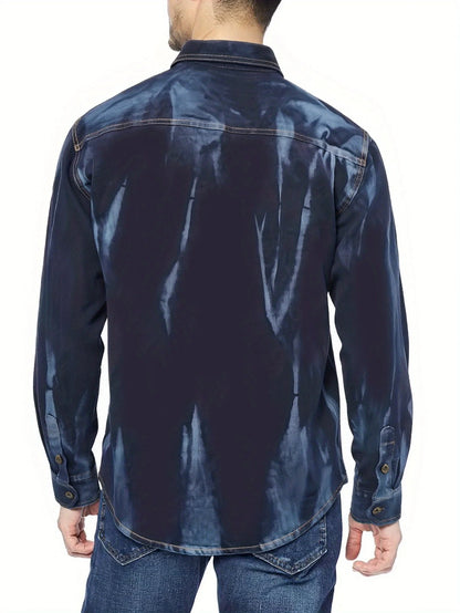 Men's Autumn Denim Shirt - Vintage Washed Tie-Dyed Cowboy Workwear Style with Double Chest Pockets, Topstitch Trim, Notched Coll