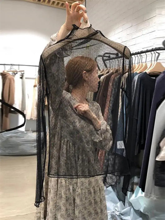 Women's Lace Base Shirt Thin Long Sleeve Half High Collar Inner Wear Spring Autumn New Style Mesh Top Wood Grain  Design