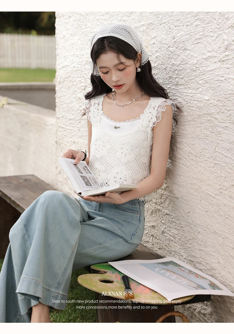 ALXNAN White Tank Tops 2026 Summer Elegant Cotton Women's Camisole Lace Fake Two-piece Design Chic Sleeveless Tops Ladies L53815