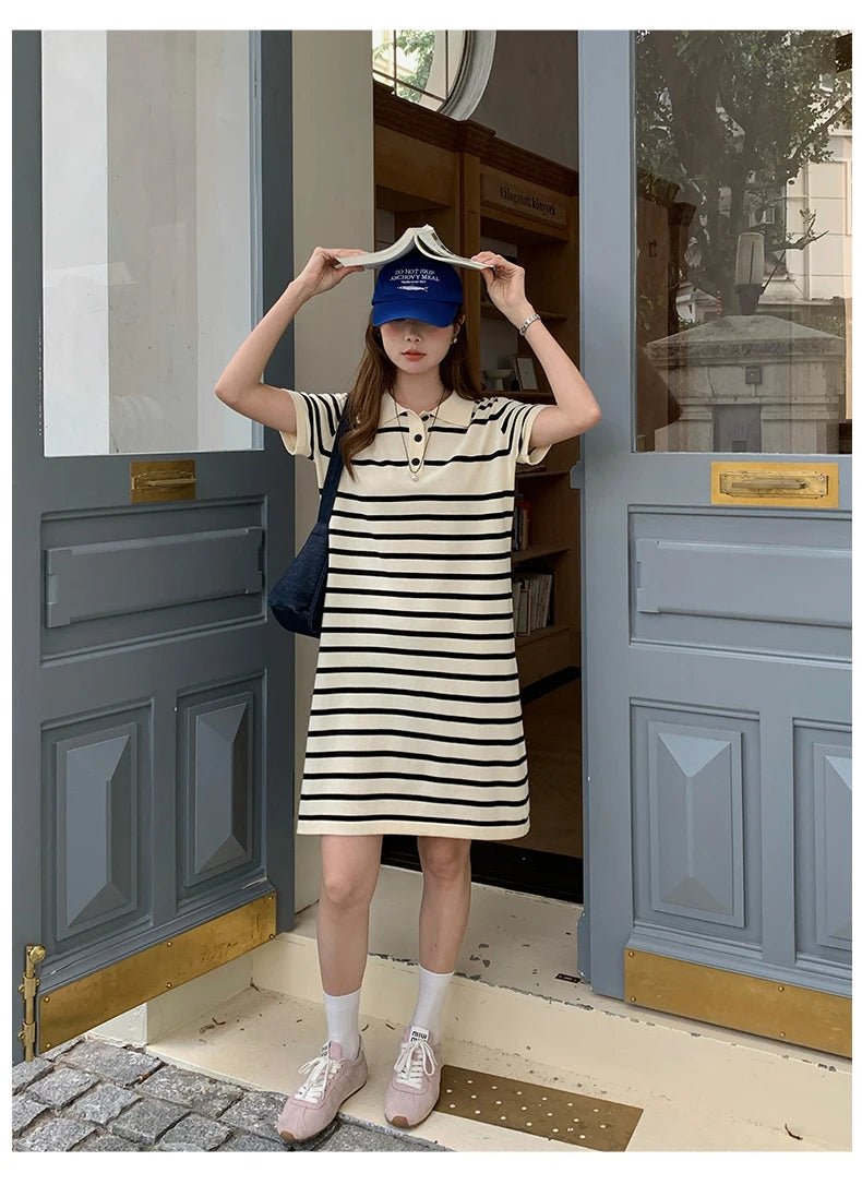 new Korean striped dress for women's summer, pure cotton straight tube mid length skirt