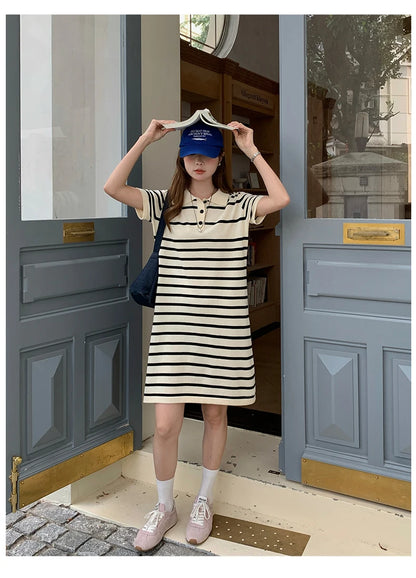 new Korean striped dress for women's summer, pure cotton straight tube mid length skirt