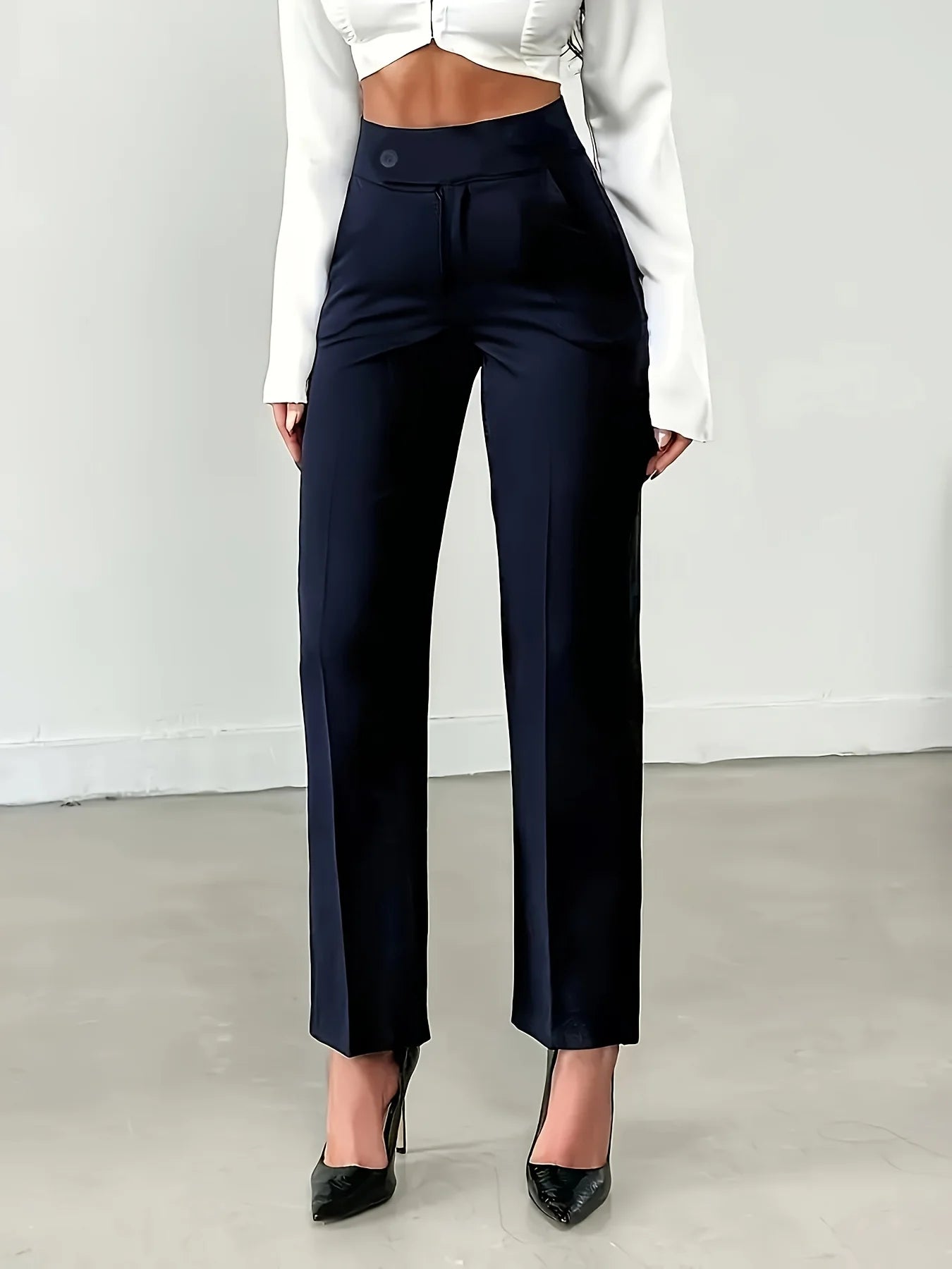Navy Blue High Waist Trousers Tailored Straight Leg Office Pants with Button Closure Elegant  Comfortable for Work  Casual