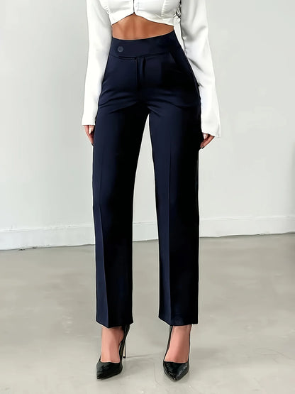 Navy Blue High Waist Trousers Tailored Straight Leg Office Pants with Button Closure Elegant  Comfortable for Work  Casual