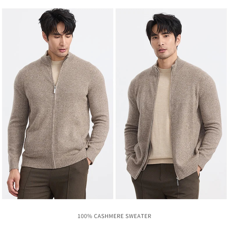 New 100% pure cashmere sweater sweater coat men's semi-high-necked zipper cardigan floral yarn padded warm coat