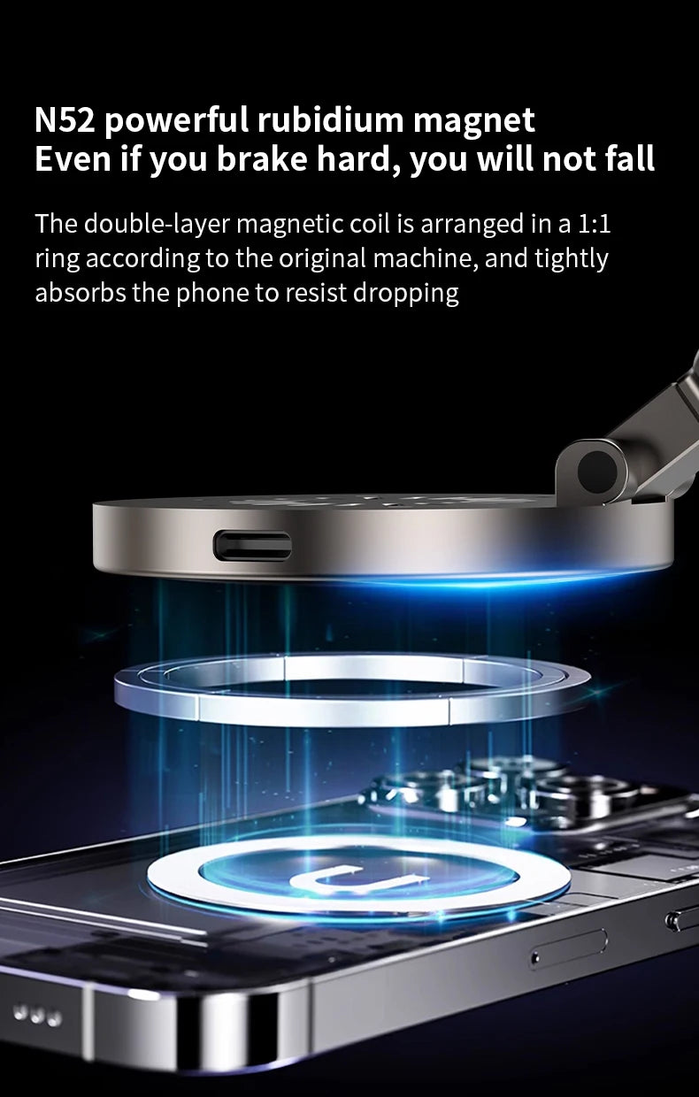 Folding 15W wireless charging car phone holder vacuum suction 360 ° rotating magnetic support bracket