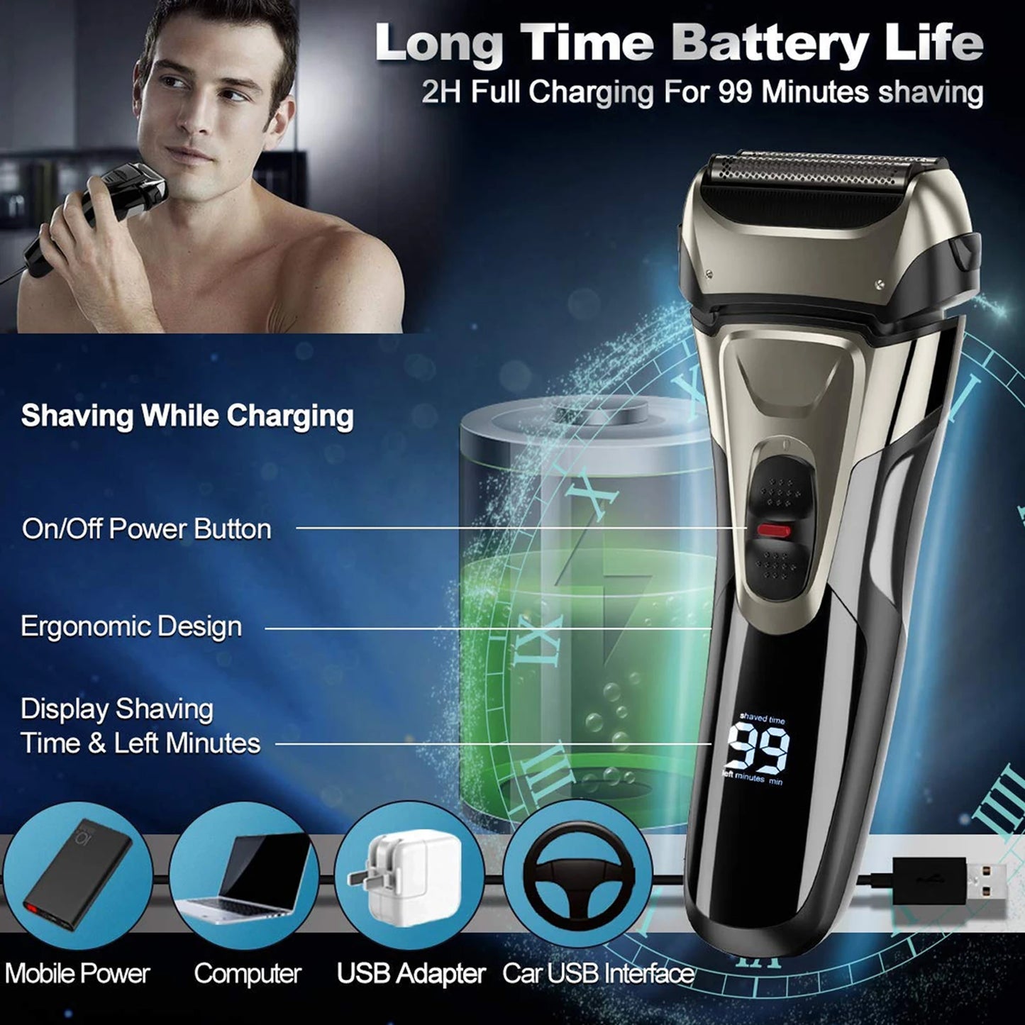 Pop-Up Trimmer Electric Shaver Stainless Steel Shaving Machine Men's 3D Triple Floating Blade Razor Shaver Barber Trimmer FK-605