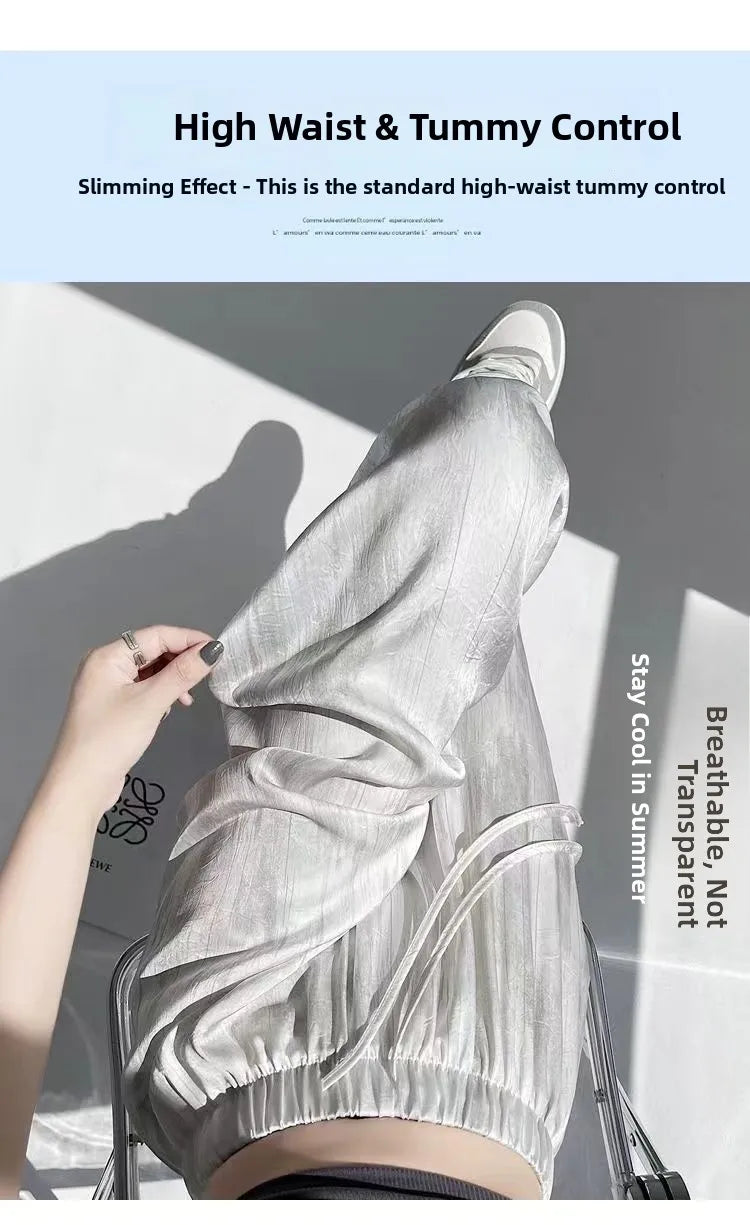 Summer Thin Ice Silk Satin Dyed Wide Leg Pants Women Loose Casual Drape High Waist Slimming Pants Ins Straight Leg Elastic Wa...