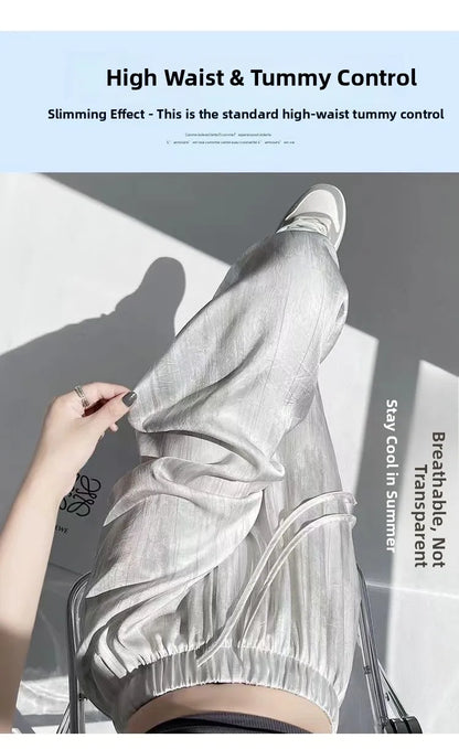 Summer Thin Ice Silk Satin Dyed Wide Leg Pants Women Loose Casual Drape High Waist Slimming Pants Ins Straight Leg Elastic Wa...