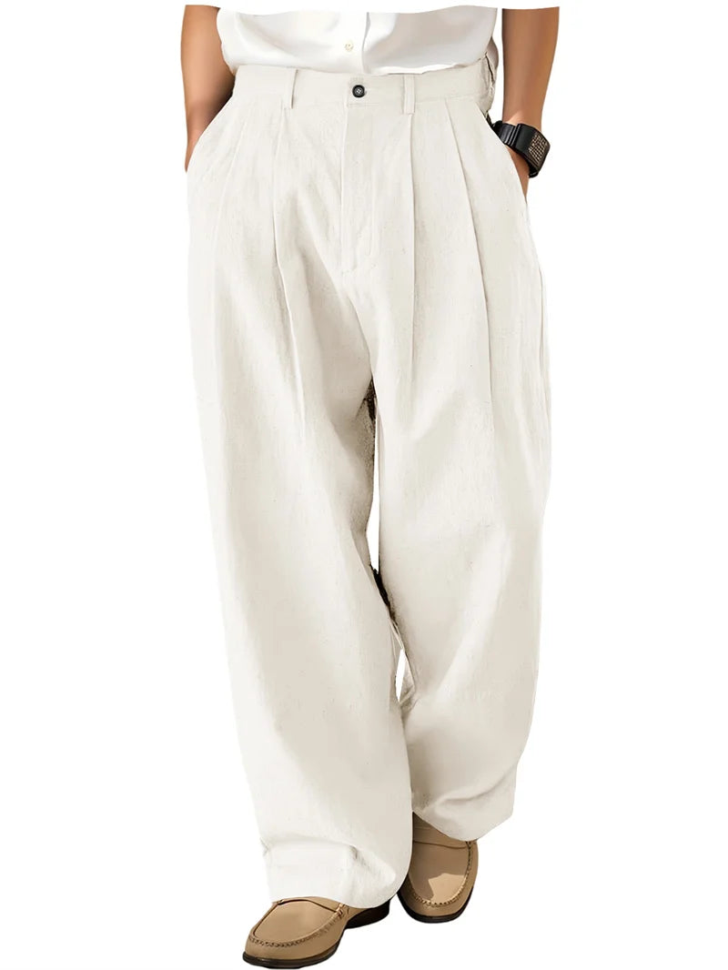 Men's Loose Pleated Wide Leg Pants Breathable Linen Blend Trousers Casual Business Suit Pants Summer Streetwear Daily Wear