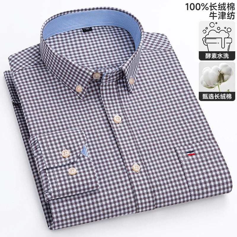 100% Cotton Oxford Casual Shirts For Men Long Sleeved Plaid Striped Soft Regular Fit Formal Single Pocket Social Fashion Blouses