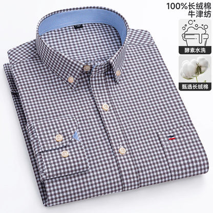100% Cotton Oxford Casual Shirts For Men Long Sleeved Plaid Striped Soft Regular Fit Formal Single Pocket Social Fashion Blouses