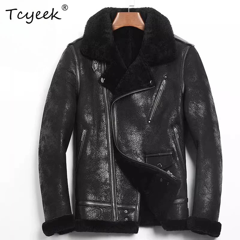 Tcyeek Natural Sheepskin Fur Coat Genuine Leather Jacket Men Winter Clothes Warm Motocycle Jackets Mens Coats Куртка Мужская
