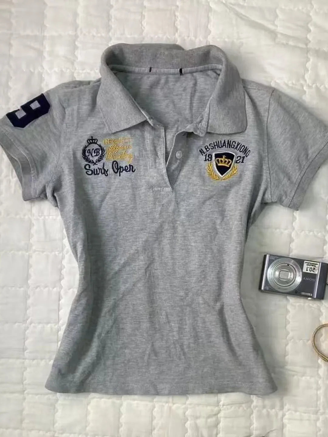 Retro American Grey  Collar Short Sleeve Slim Fit Waist Cinched T-Shirt Women Summer New Style Vintage Vintage Vintage