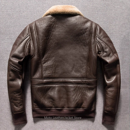 Vintage Wool Winter Thick Genuine Shearling Lamb Fur Men Warm Biker Genuine Leather Jacket Coat