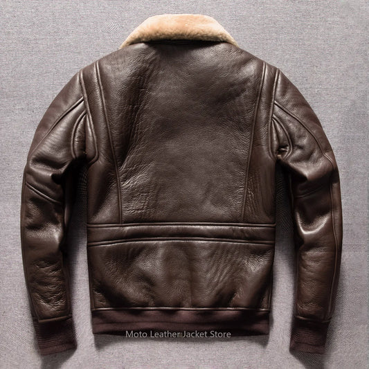 Vintage Wool Winter Thick Genuine Shearling Lamb Fur Men Warm Biker Genuine Leather Jacket Coat