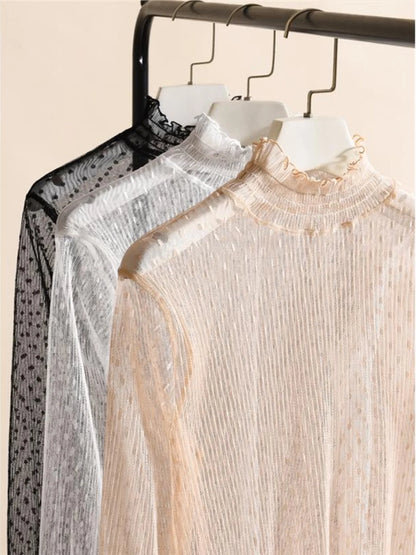 Elegant High Collar Lace Base Shirt Women's Long Sleeve Autumn Winter Fashion Inner Wear Polka Dot Mesh Top Straight Cut Holl...