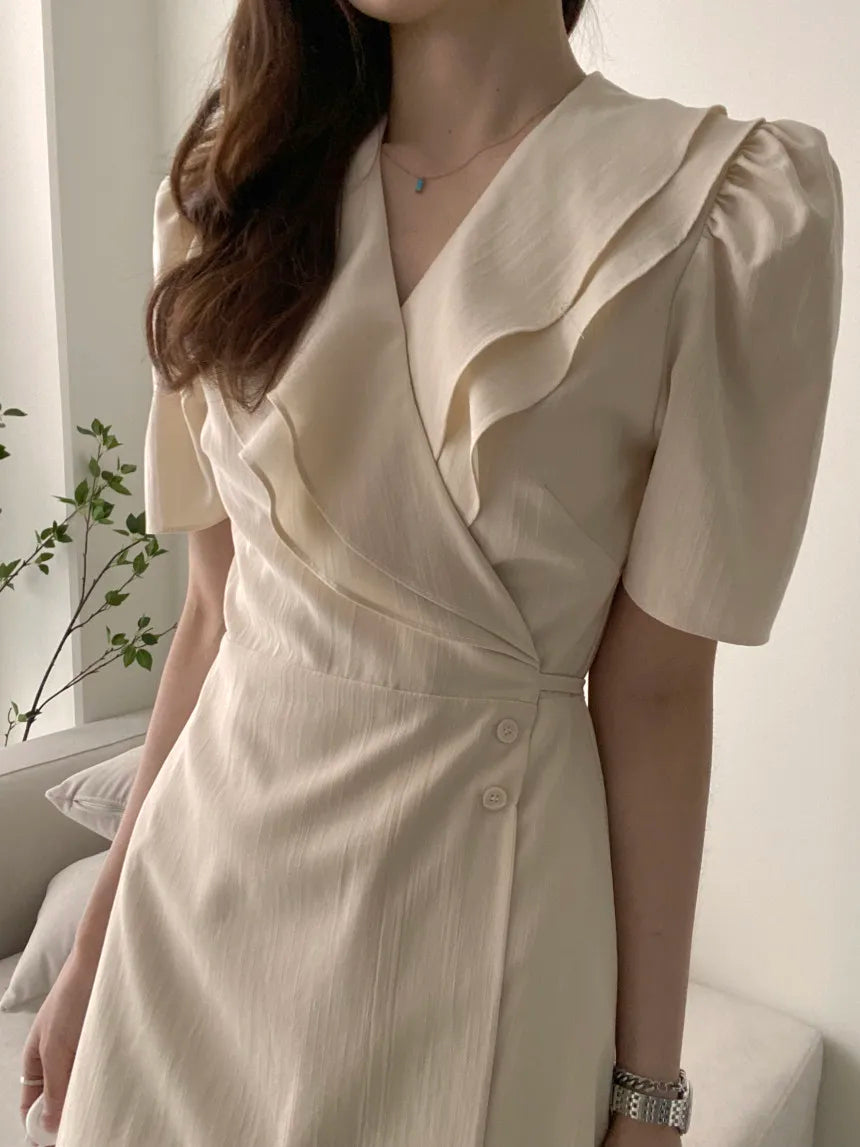 Retro Double Layered Collar Bubble Sleeve  Dress Elegant Short Sleeve V Neck Summer Casual Women's Dress