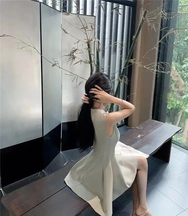 Summer New Women's Sleeveless Vest Dress Pure Color Waist-Cinching Slimming A-Line Skirt Short Dress Regular Sleeve Polyester